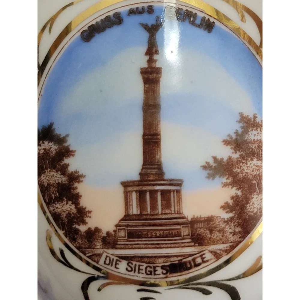 Vintage German Souvenir Cup Berlin Victory Column Porcelain White Floral Gold